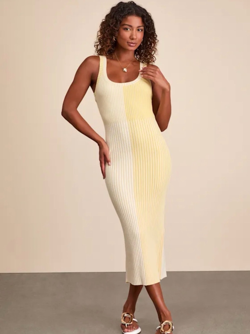 Lulus Radiant Personality Yellow Color Block Ribbed Knit Midi Dress - Size M